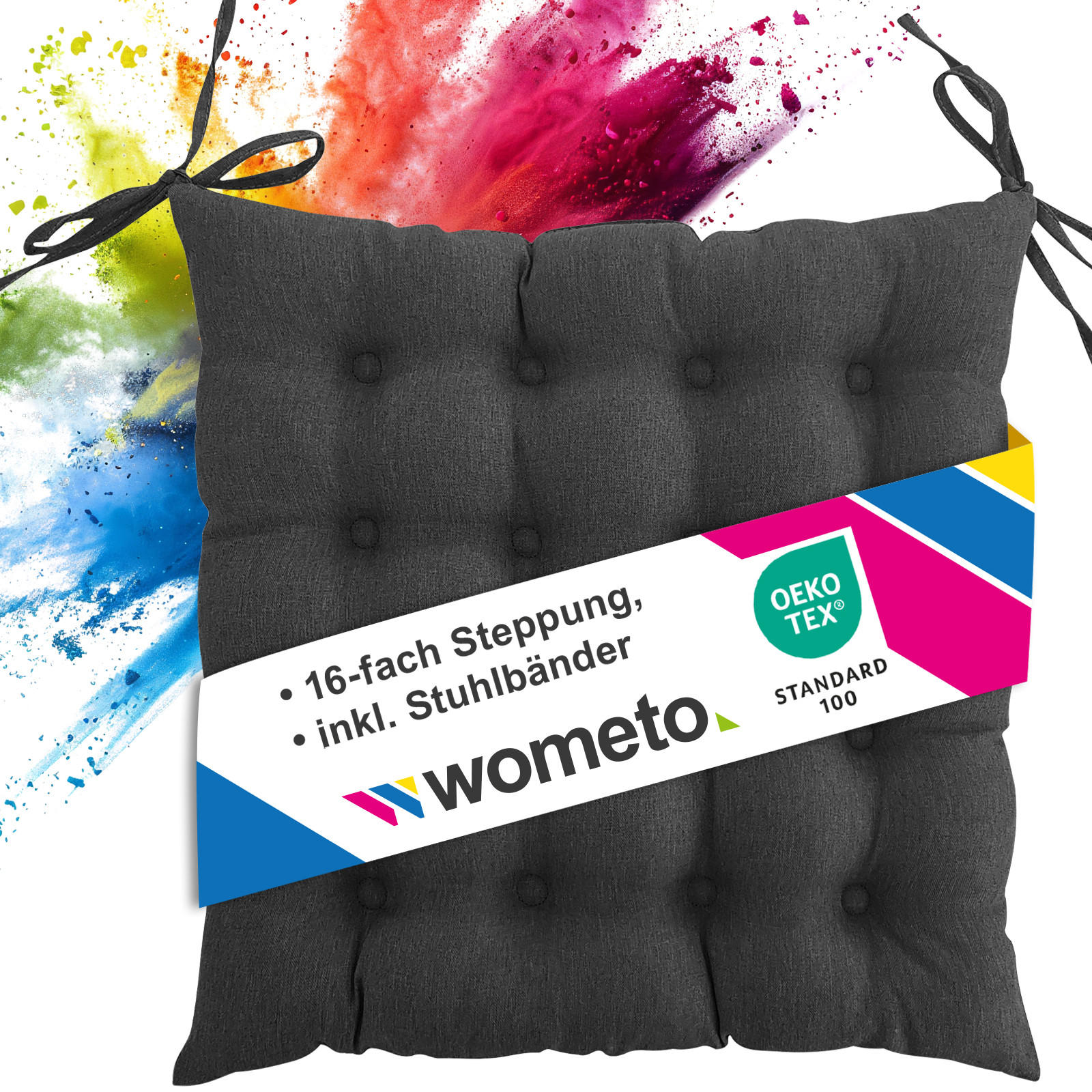 SITZKISSEN 16-Punkt dunkelgrau 40/40 cm mit Steppung und Halte-Bändern - Dunkelgrau, Textil (40/40/4cm) - wometo