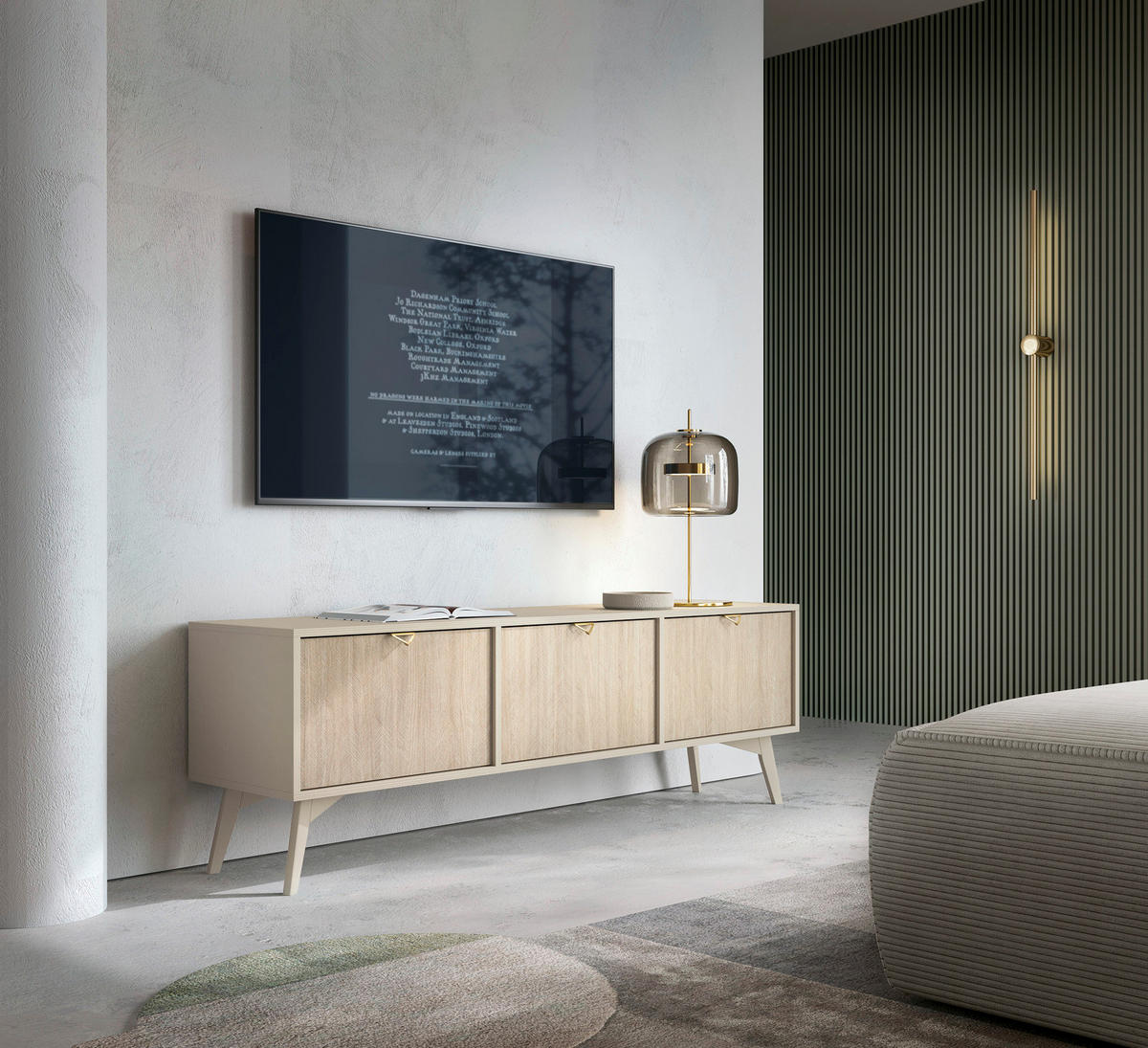 LOWBOARD Silva 158 cm in Sandbeige + Scandi-Fischgrätmuster mit Türen - Beige/Goldfarben, Holz/Holzwerkstoff (158/53/38cm) - Ravio