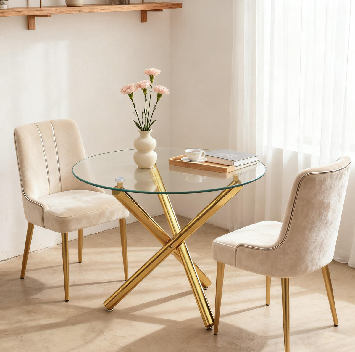 COUCHTISCH aus Glas und Metall in Gold mit Kreuzfuß & verstellbaren Gleitern - Goldfarben, Glas (80/80/77cm) - Modfu