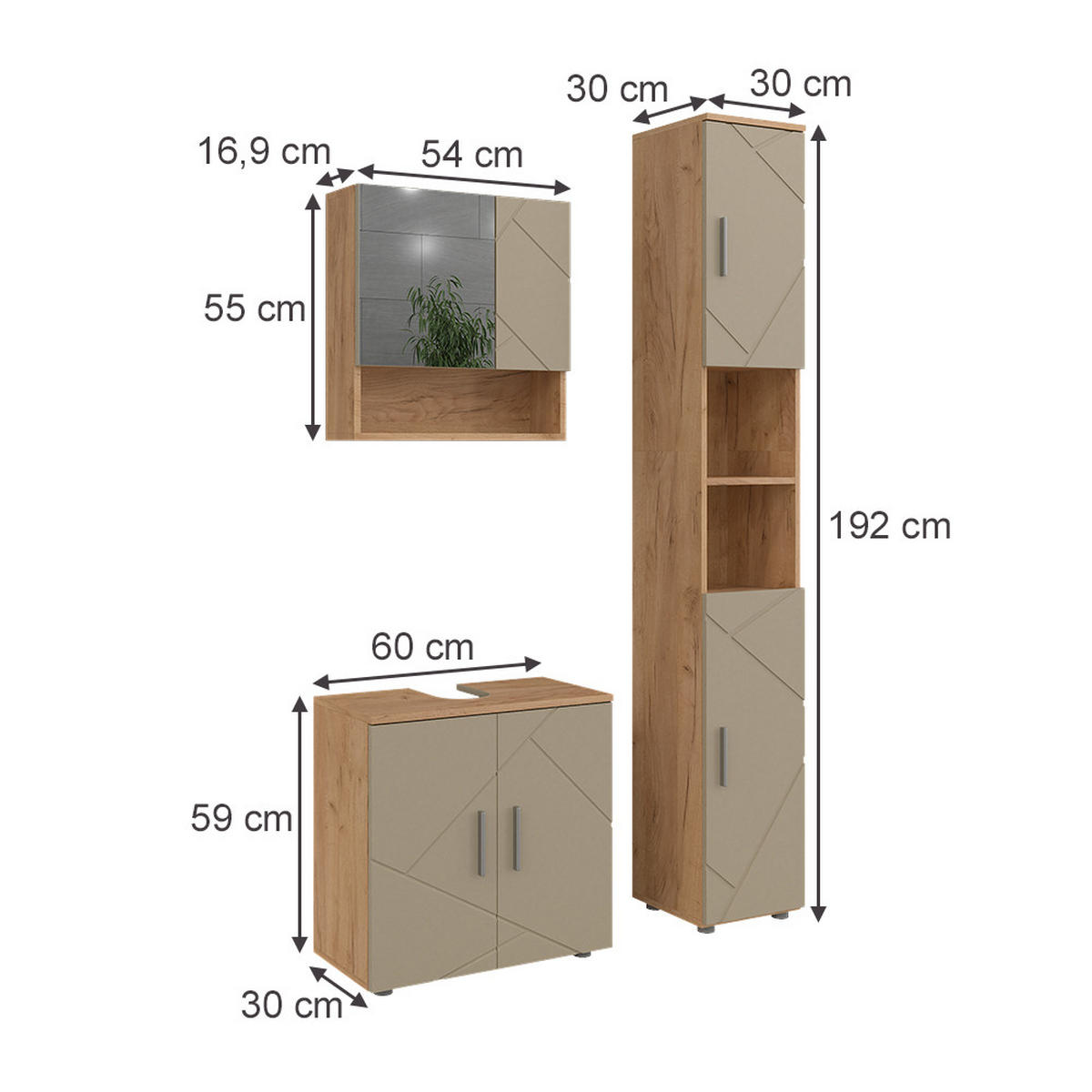 BADMÖBEL-SET Irma Beige 3 Teile - Honigeiche/Beige, Holzwerkstoff (60/59/30cm) - Vicco