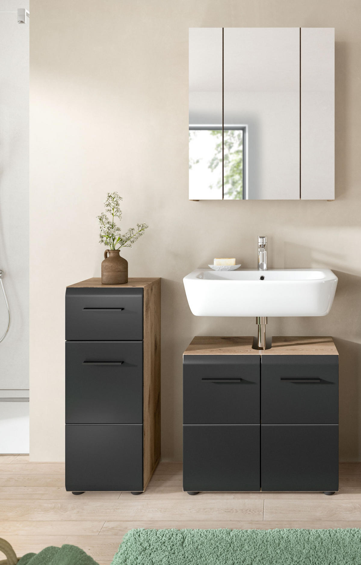 MIDISCHRANK schwarz matt, Eiche Nox, Bad Kommode 30 x 80 cm - Eichefarben/Schwarz, Holzwerkstoff/Kunststoff (30/80/30cm) - Inn.Furn