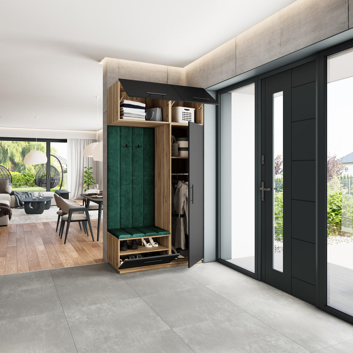 GARDEROBENSCHRANK REMA 120/240/60 cm Modern Garderobe-Set Eiche Wotan - Eiche Wotan/Schwarz, Holzwerkstoff (120/240/60cm) - MASSENO