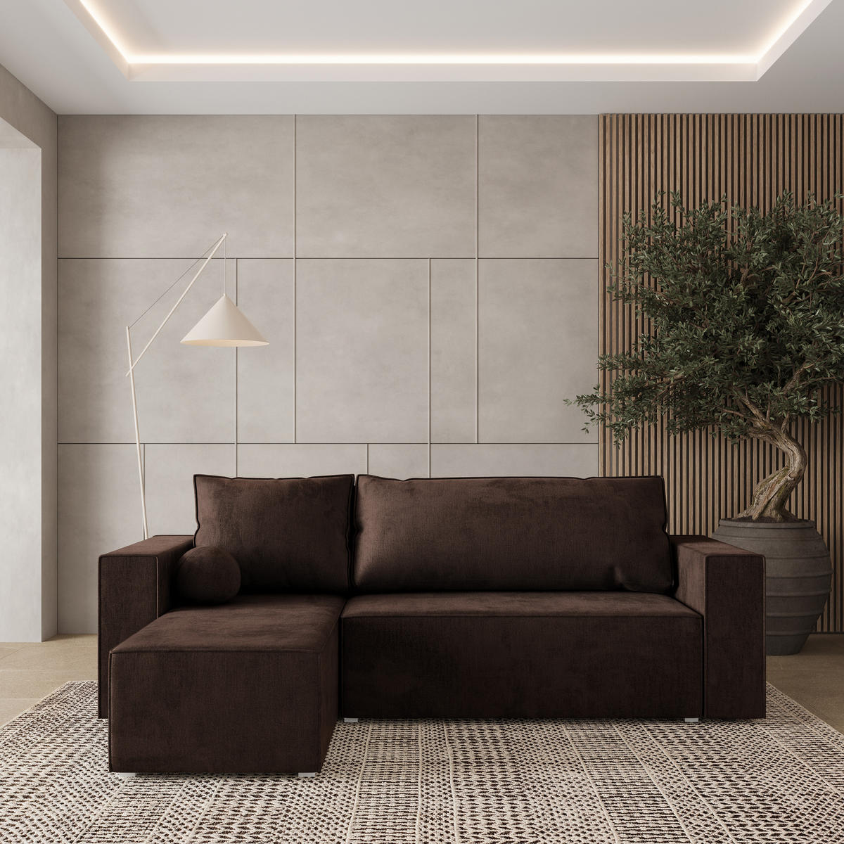 ROHOVÁ SEDAČKA RAVELO hnědá - šedá/hnědá, dřevo/textil (240/140cm) - MASSENO