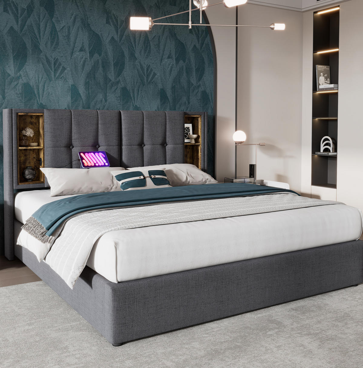 POLSTERBETT 160/200 cm mit hydraulischem Bettkasten, Kopfteil mit Wireless-Charging, USB & Typ-C,Grau - Grau, Textil (160/200cm) - Redom