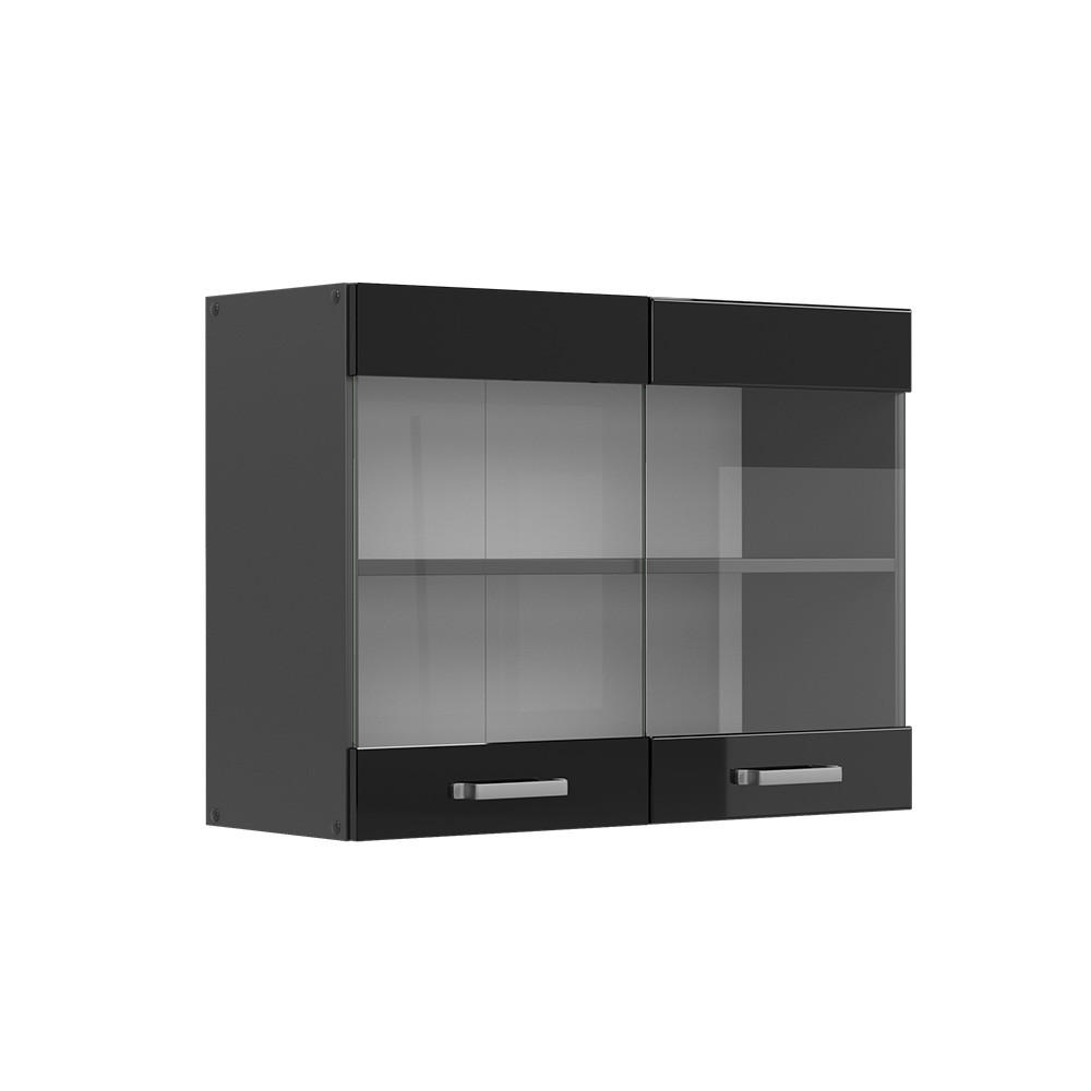 KÜCHENGLASSCHRANK R-Line Schwarz Hochglanz 80 cm - Schwarz Hochglanz/Anthrazit, Holzwerkstoff (80/60/31cm) - Vicco