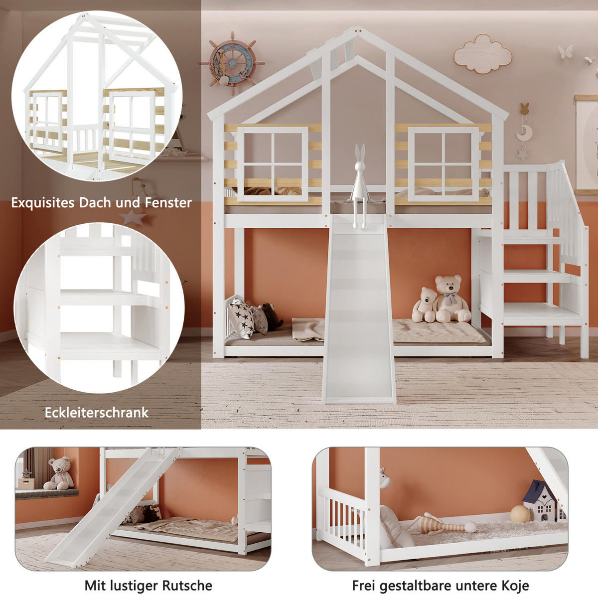 ETAGENBETT mit Treppe, Gitter, Rutsche und Fenster 90/200 cm, Weiß/Natur - Weiß, Holz (90/200cm) - MIVRAY