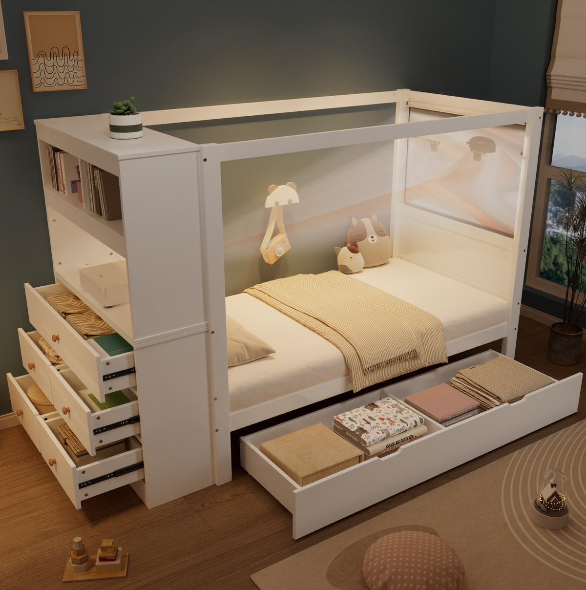 KINDERBETT 90/200 cm mit Fallschutz, Stauraum, 5 Schubladen und Schreibtisch, Holzwerkstoff/MDF, Weiß - Weiß, Holzwerkstoff (90/200cm) - Redom