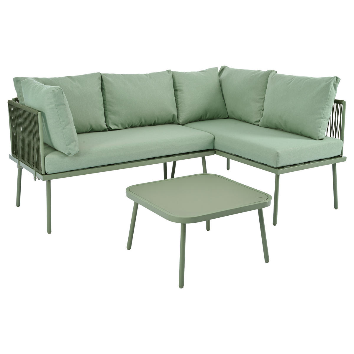 GARTEN Lounge Set aus Eisen mit grünem Seil LForm mit Sitzkissen verstellbaren Füßen 2 Sofas und Tisch - Grün, Metall - FLIEKS