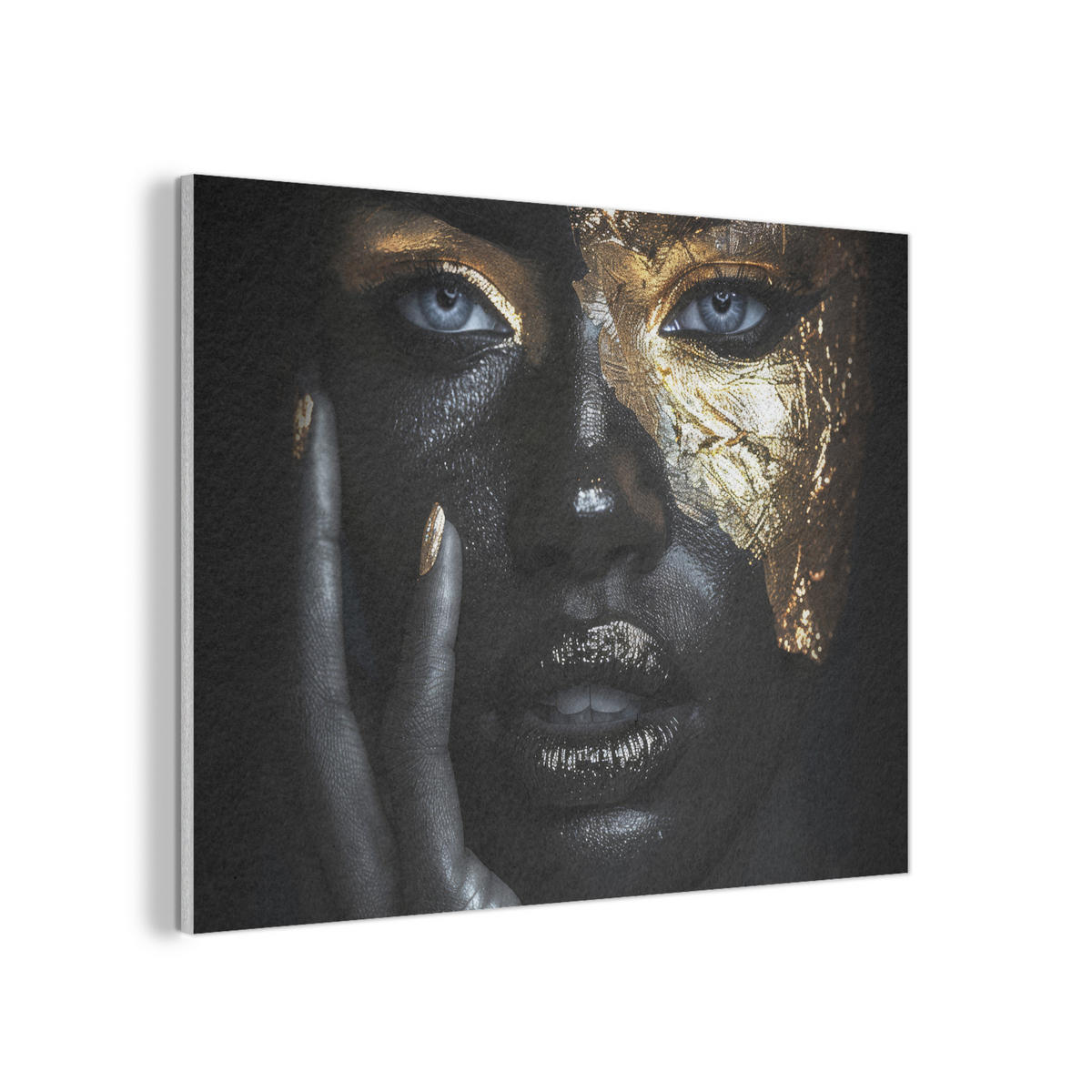AKUSTIKPANEEL Frau - Gold - Porträt - Schwarz-Weiß - Luxus 80x60 cm - Hellblau, Textil (80/0.9/60cm) - MuchoWow