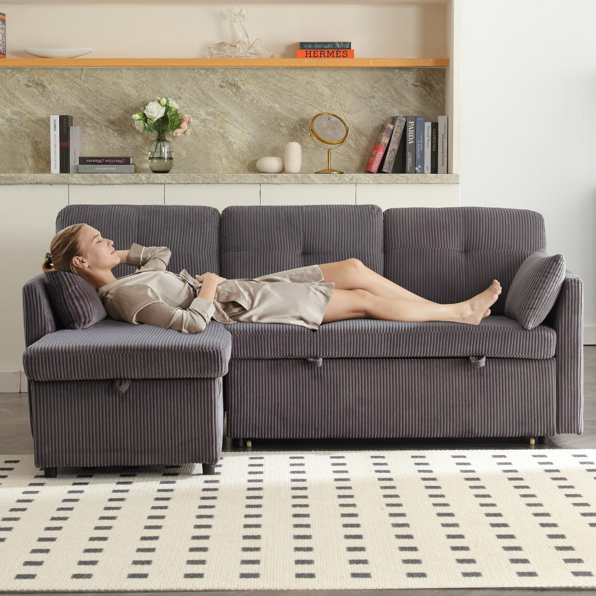 ECKSCHLAFSOFA Cord Dunkelgrau mit Stauraum, Schlaffunktion und Kissen - Dunkelgrau, Holzwerkstoff/Textil (206/108cm) - WISHDOR