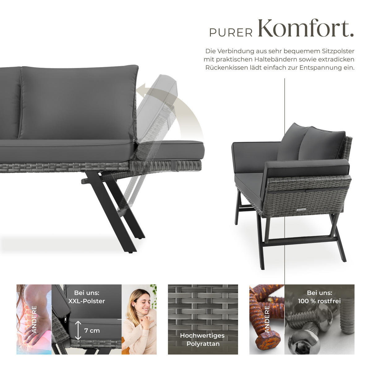 RATTAN-LOUNGESOFA Sintra,157 x 61 x 89 cm,grau - Grau, Kunststoff/Textil (157/89/61cm) - tectake