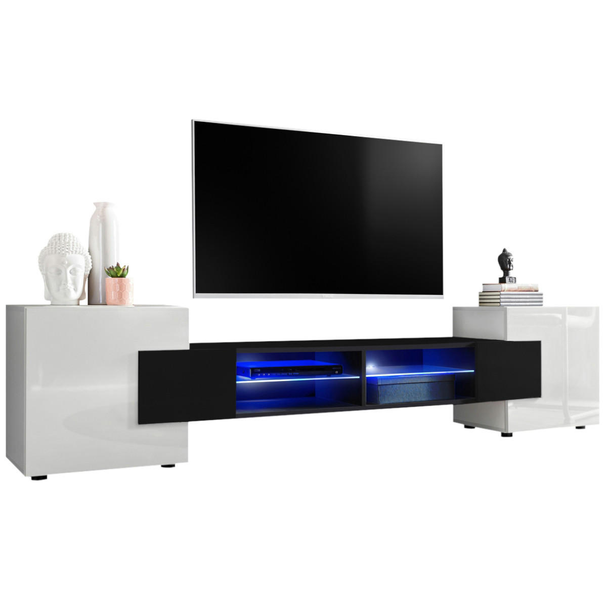 LOWBOARD MERANO Weiß, Blau LED Beleuchtung - Schwarz/Weiß, Glas/Holzwerkstoff (230/52.5/35cm) - Komodee