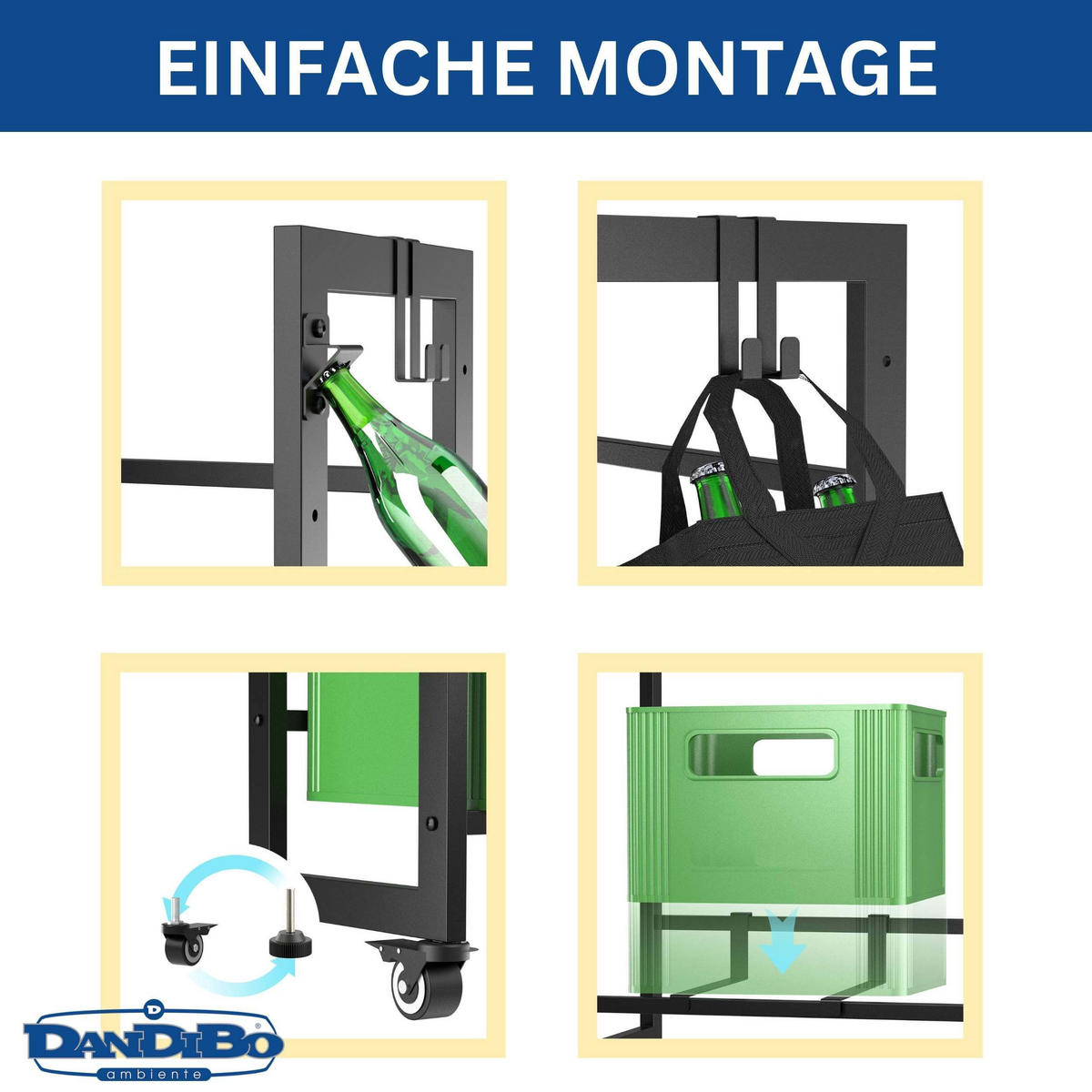 GETRÄNKEKISTENREGAL 2 Kisten mit Gitter Haken Rollen Schmal Metall Schwarz - Schwarz, Metall (50/82/32cm) - DanDiBo