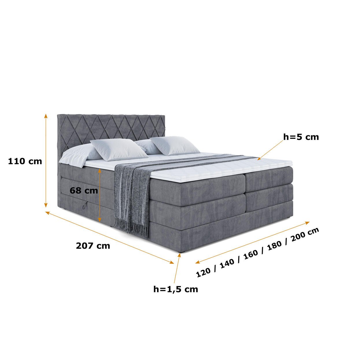 BOXSPRINGBETT LEPARO KING - 180 x 200 - H3/H4 - Dunkelgrau - Dunkelgrau, Holzwerkstoff (180/200cm) - ALTDECOR