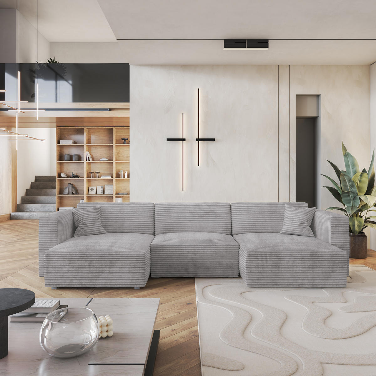 ROHOVÁ SEDAČKA SARMO světle šedá - šedá/světle šedá, dřevo/textil (347/148cm) - MASSENO