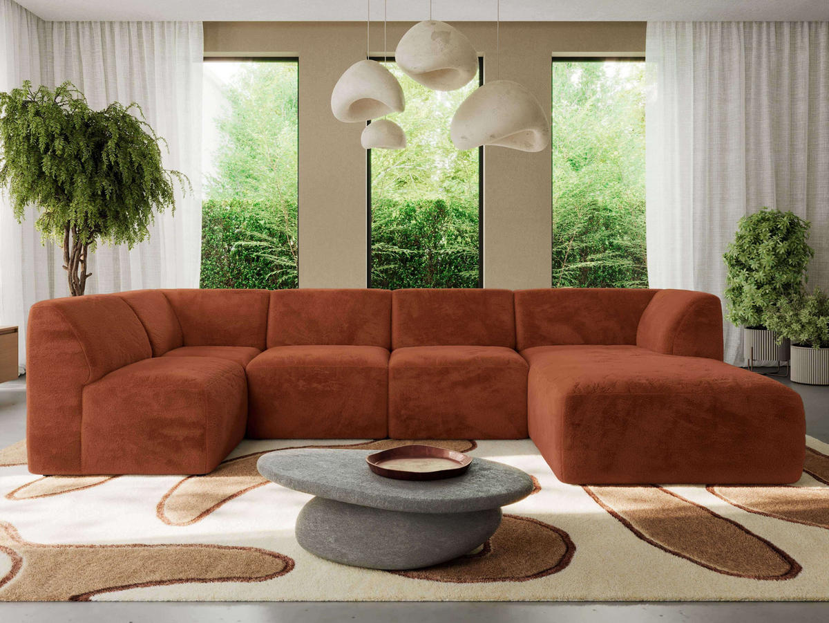 WOHNLANDSCHAFT MODARO U 6M - Orange Plüsch - Rechts - Schwarz/Orange, Textil (345/78/180cm) - MKS