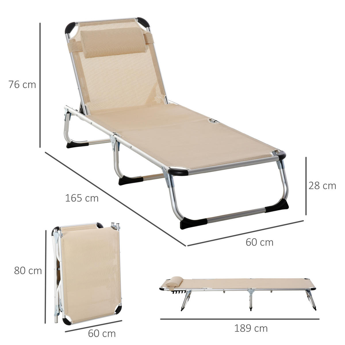 SONNENLIEGE aus Aluminium 165x60x76 cm in Beige mit 4-fach verstellbarer Rückenlehne - Beige, Metall (60/76/165cm) - Modfu