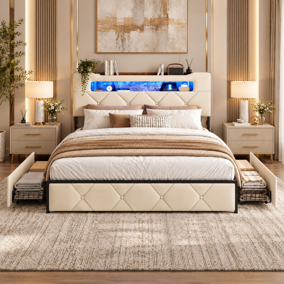 POLSTERBETT 160/200 cm Beige mit LED, USB & 4 Schubladen - Beige, Holz/Metall (160/200cm) - Joyfair