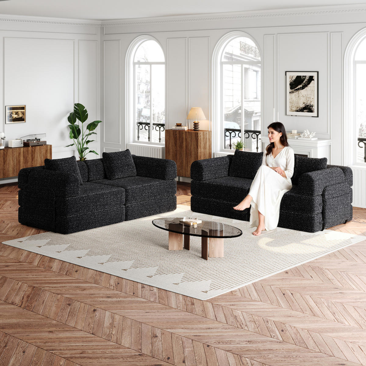 SITZGARNITUR 2-in-1 mit Armlehnen-Ablagefach Chenille Schwarz 200/90/85 cm - Schwarz, Textil (181.6/49.5/94cm) - OKWISH