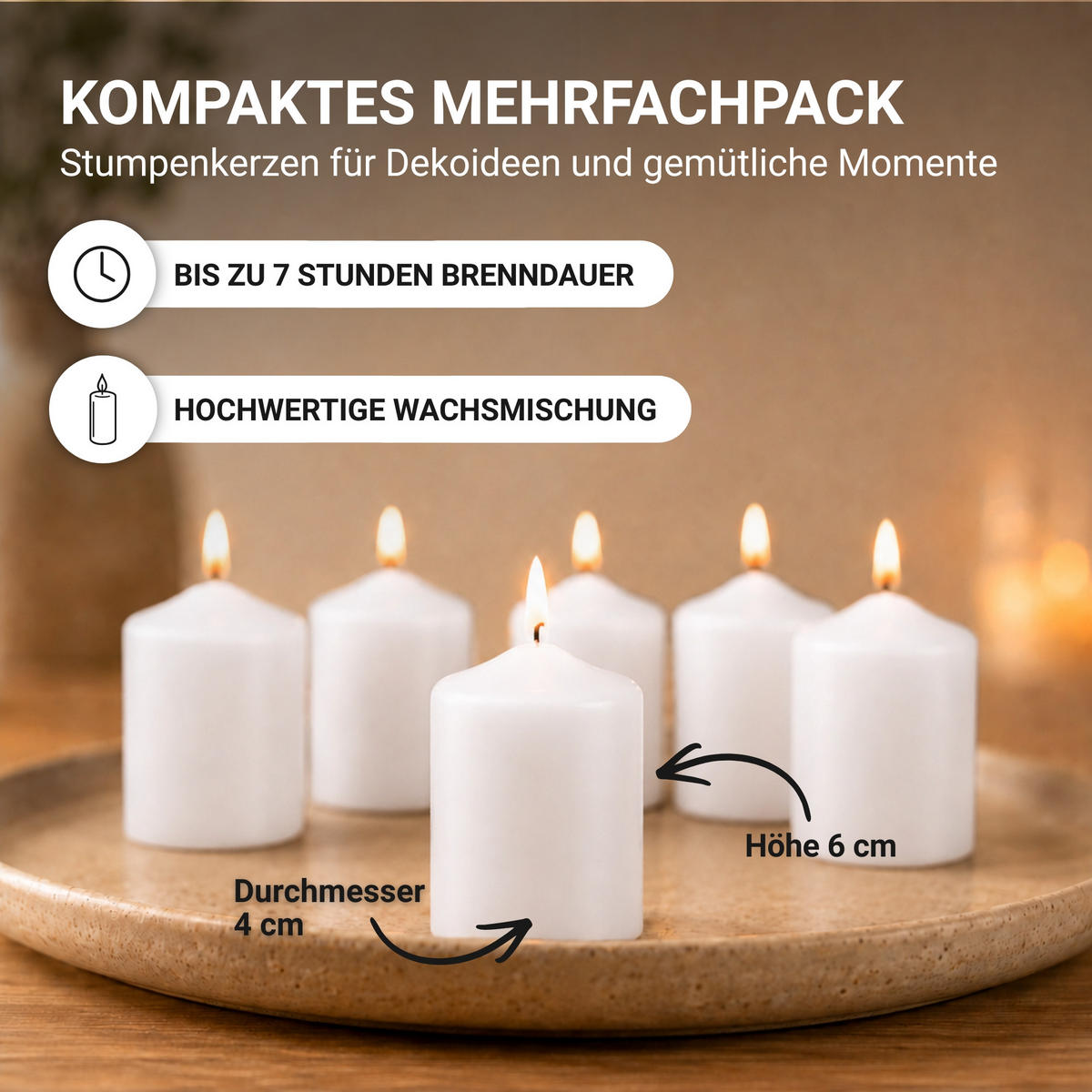 STUMPENKERZEN Ø4xH6 cm Weiß 6er-Pack - Weiß, Naturmaterialien (4/6cm)
