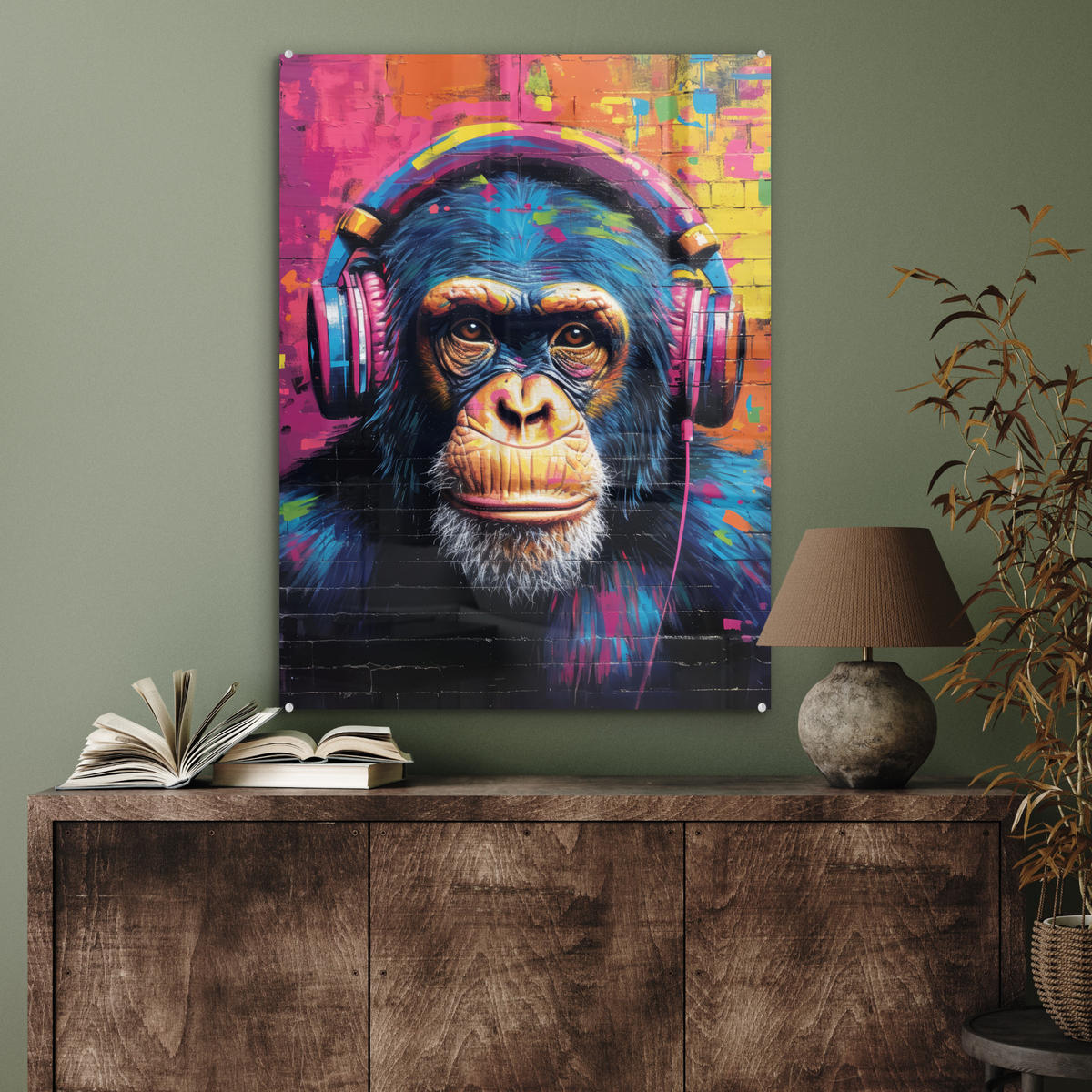 ACRYLGLASBILD Graffiti - Schimpanse - Straßenkunst - Kopfhörer - Affe 60x80 cm - Blau, Glas (60/80cm) - MuchoWow