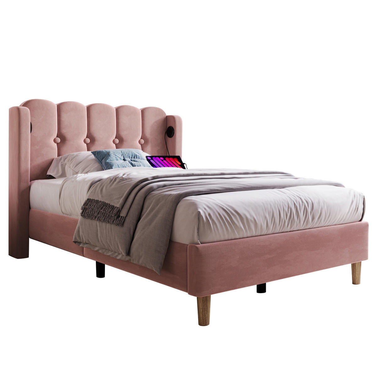 POLSTERBETT 90/200 cm Rosa aus Samt mit Matratze und USB- und Type-C-Anschlüssen - Rosa, Textil (90/200cm) - Flora Grace