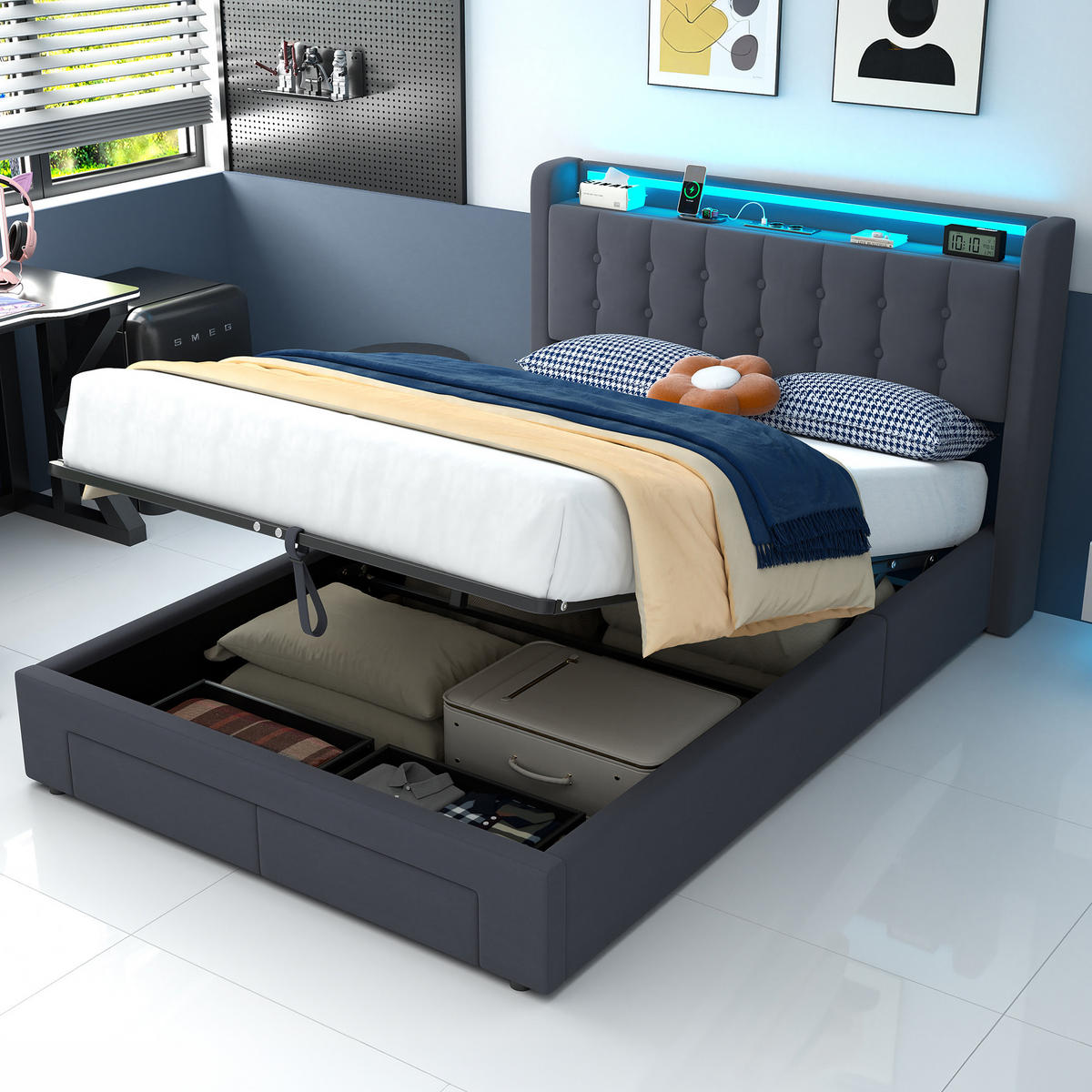 POLSTERBETT 140x200 cm in Dunkelgrau Samt mit Bettkasten, Schubladen und USB/LED-Beleuchtung - Dunkelgrau, Holzwerkstoff/Textil (140/200cm) - CHICFURN