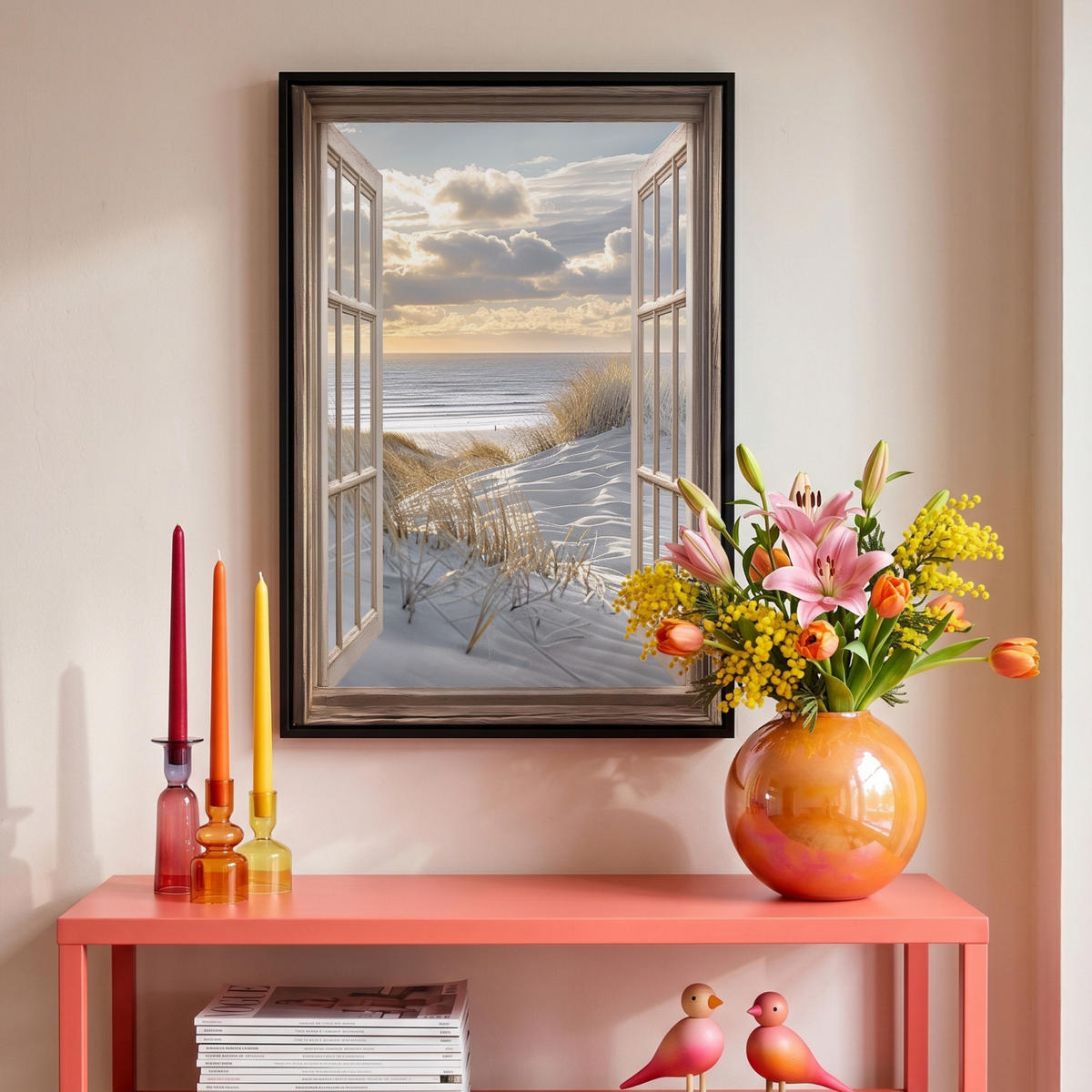 LEINWAND Bilder mit Rahmen - Ausblick - Strand - Dünen - Meer - Natur - 40x60 - Sandfarben, Textil (40/60cm) - MuchoWow