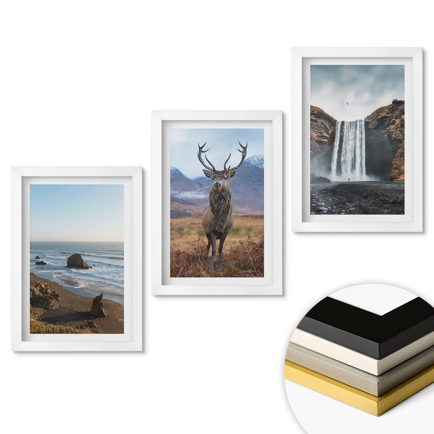 WANDBILDER 3er-Set - 20x30 cm Weißer Rahmen - Berglandschaften mit einem Wasserfall - Weiß, Kunststoff (20/30cm) - ArtPrintCave