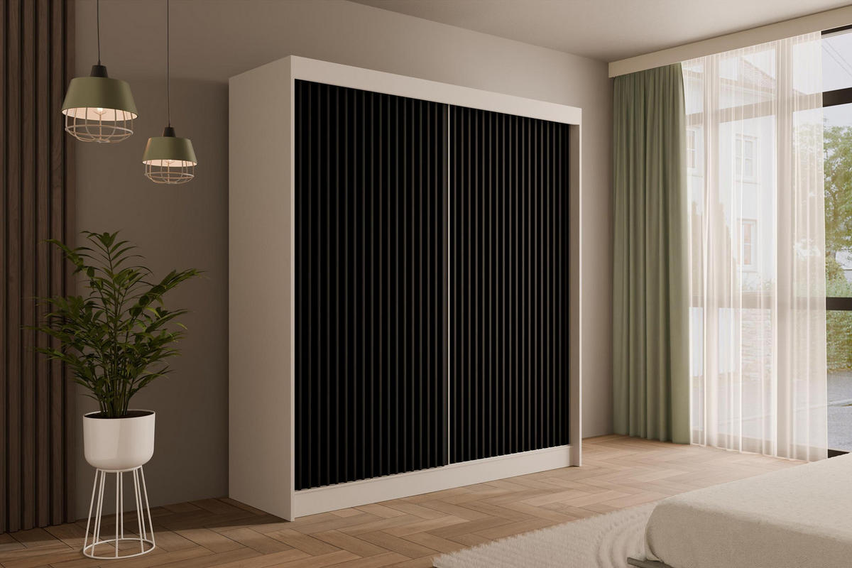 KLEIDERSCHRANK mit Lamel-Schiebetüren VILANv2 - 200 cm Weiß + Lamelle schwarz - Schwarz/Weiß, Holzwerkstoff (200/215/61cm) - ALTDECOR