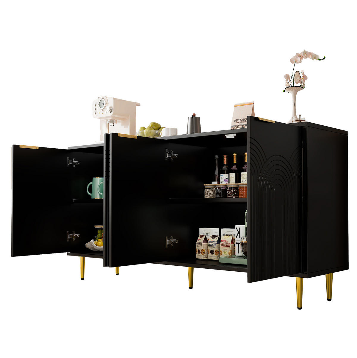 SIDEBOARD 160/40/80 cm mit 4 Türen, Soft-Close und viel Stauraum in Schwarz - Schwarz, Holzwerkstoff (160/80/40cm) - BEAOK