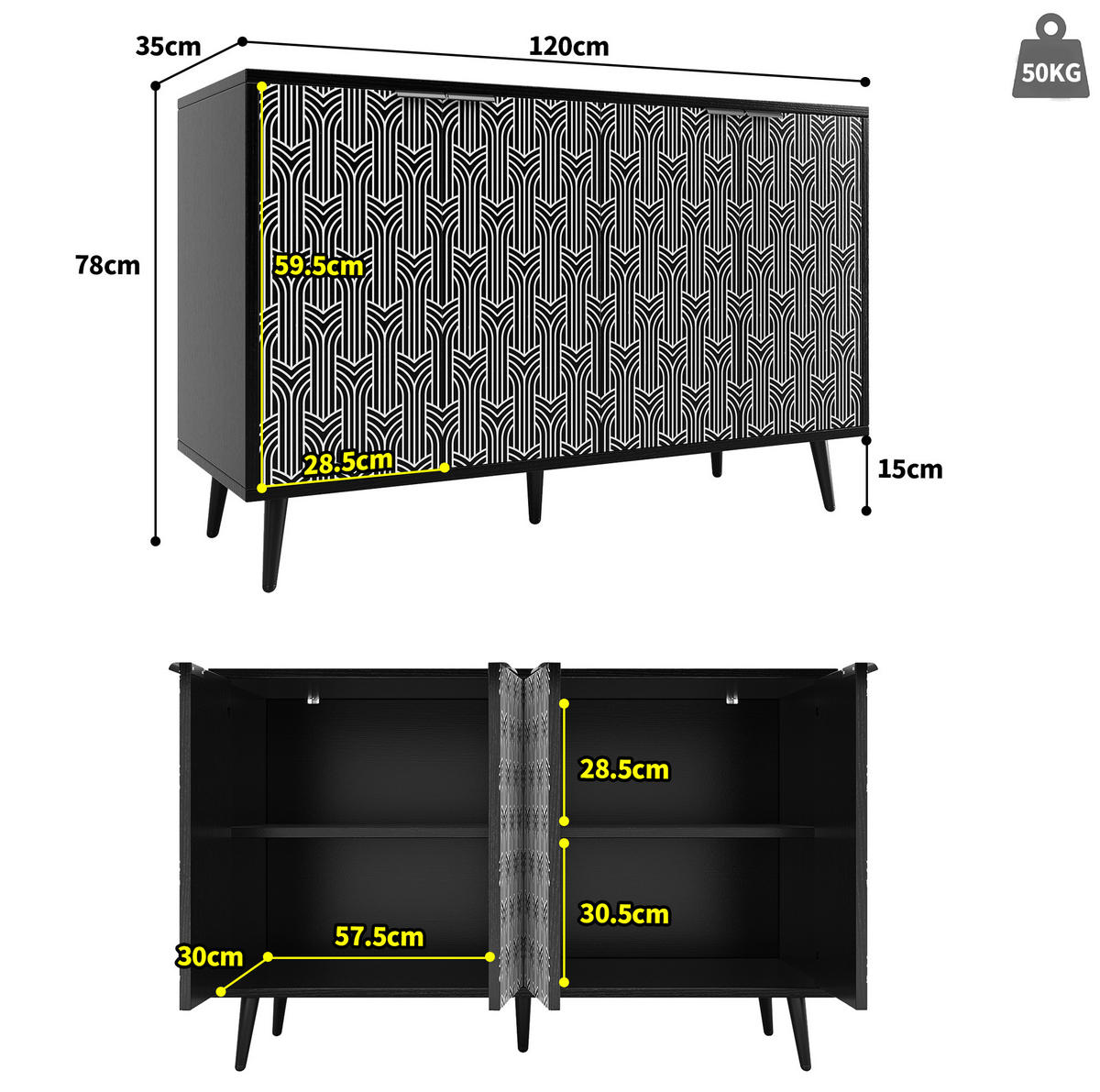 SIDEBOARD 120/35/78 cm, schwarz-weißes Geometriemuster, verstellbare Einlegeböden, Schwarz - Schwarz, Holzwerkstoff (120/78/35cm) - Redom