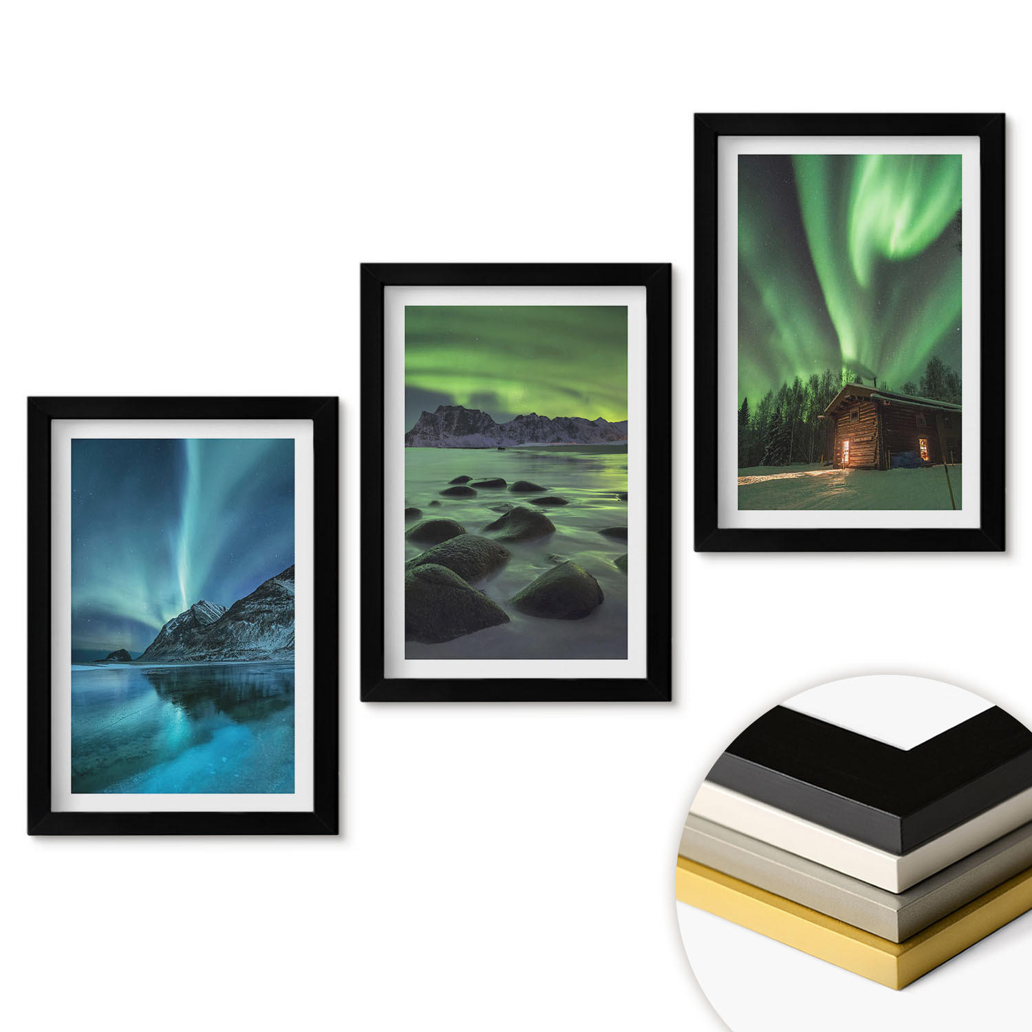 WANDBILDER 3er-Set - 20x30 cm Schwarzer Rahmen - Winterlandschaften, Nordlichter, Berge - Schwarz, Kunststoff (20/30cm) - ArtPrintCave