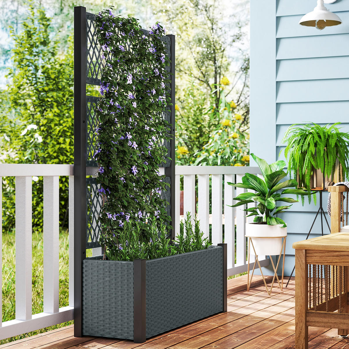 HOCHBEET mit Rankgitter in Rattan-Optik Pflanzkasten Blumenkasten mit Rankhilfe - Dunkelgrau, Metall (35/148/90cm) - Outsunny