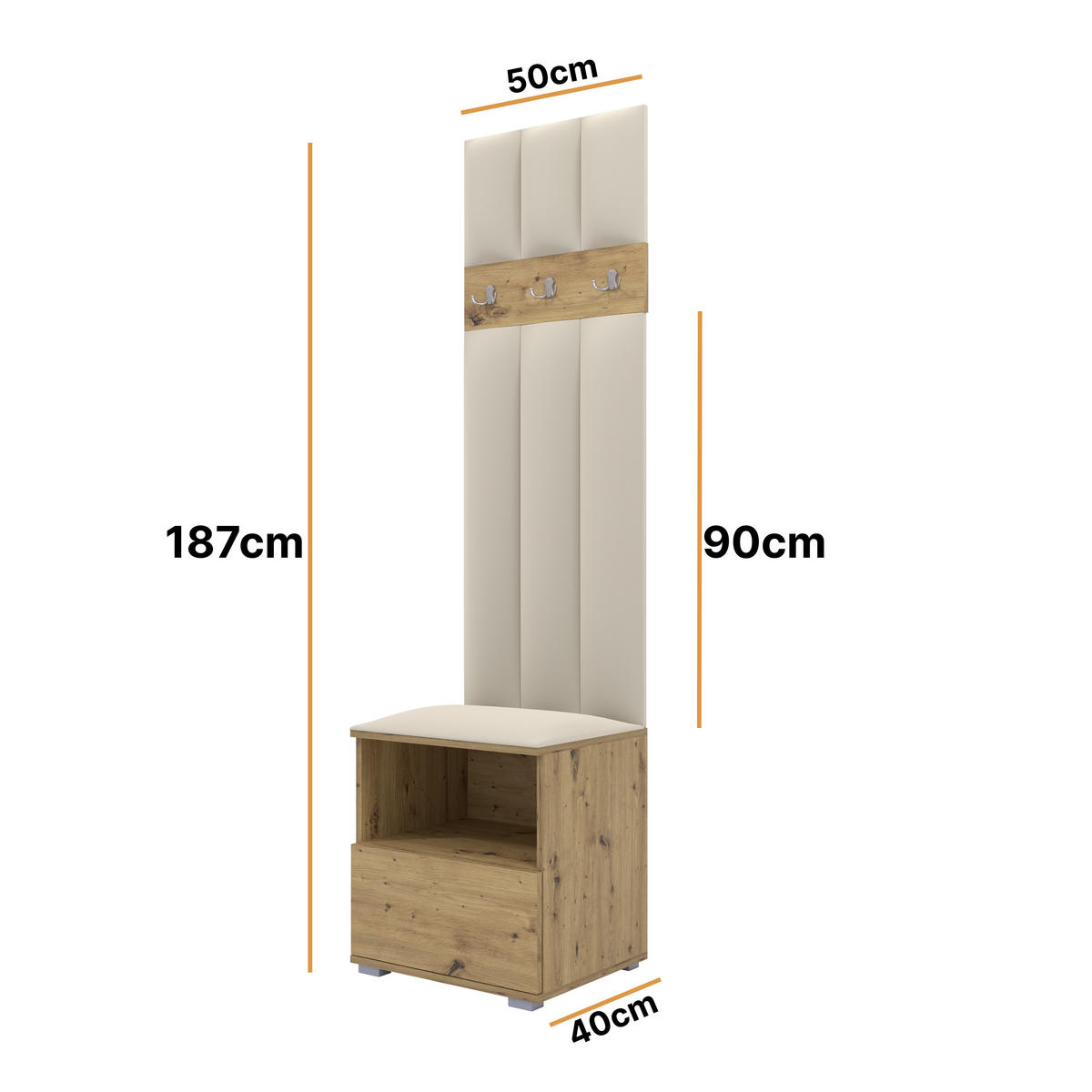 GEPOLSTERT Garderoben-Set Nela IV LUX (Farbe Eiche Artisan + Stoff Trinity 01) - Silberfarben/Creme, Holz/Holzwerkstoff (50/187/40cm) - Ravio