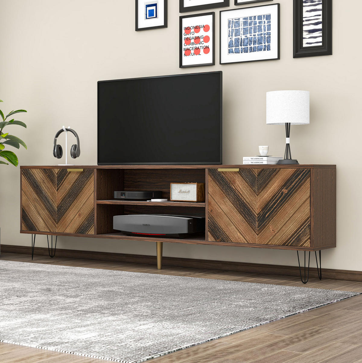 TV-LOWBOARD 155/38/48 cm mit 2 Türen und Eisenfüßen - Naturfarben, Holzwerkstoff (155/48/38cm) - BEAOK