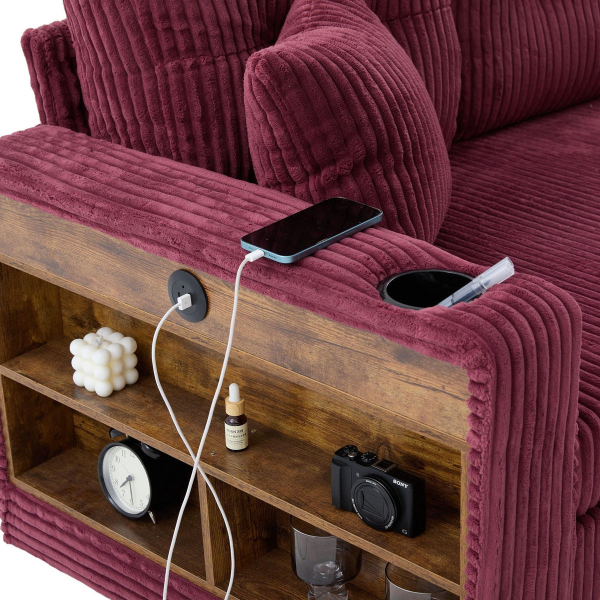SCHLAFSOFA 3-er Sofa mit Schlaffunktion,Aufbewahrungshocker,Cord,Rot - Rot, Textil (196/85/119cm) - LVHOM