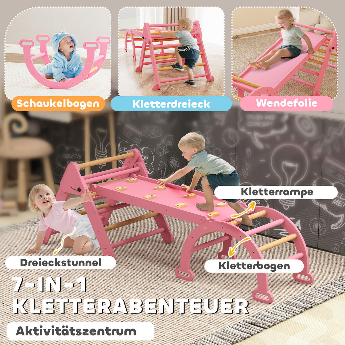 KLETTERGERÜST 7-in-1 DE-09885 Natur - Pink, Holz (70/59/188cm) - ComfortXL
