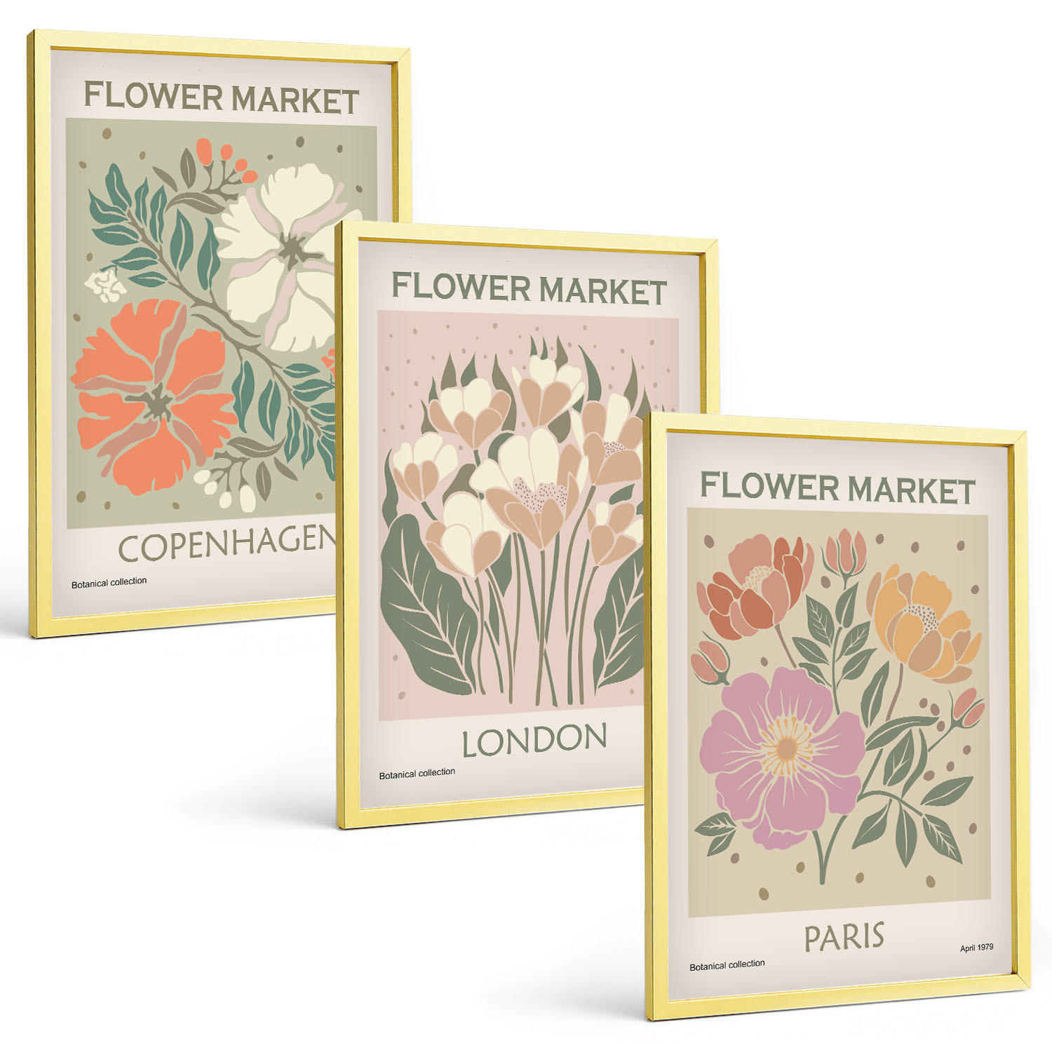 BILDER SET 3er Set - 40x60 cm Goldrahmen - Blumenposter Kopenhagen London Paris - Goldfarben, Kunststoff (40/60cm) - TULUP