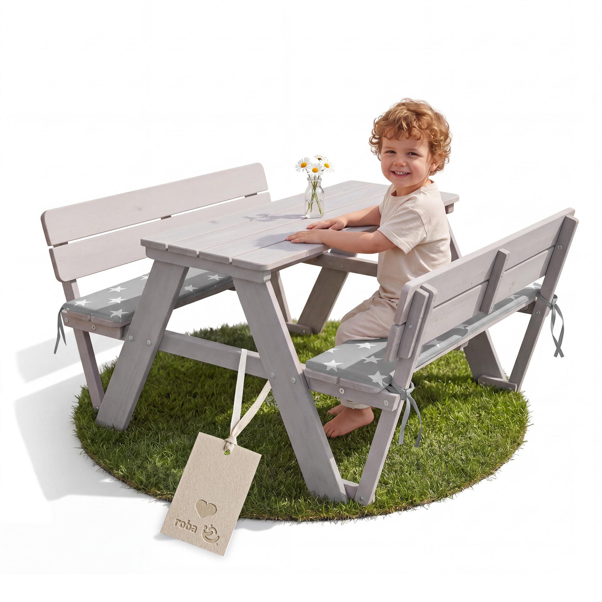 DĚTSKÁ SEDACÍ SOUPRAVA šedá s opěradlem a polštáři na lavici - světle šedá, dřevo - Roba