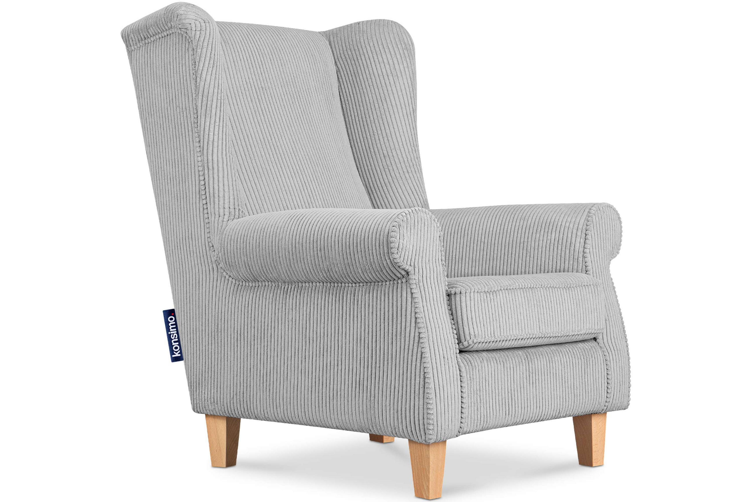 OHRENSESSEL MILES Kord-Bezug Petfriendly, grau - Hellgrau, Holzwerkstoff/Buchenholz (82/105/97cm) - KONSIMO®