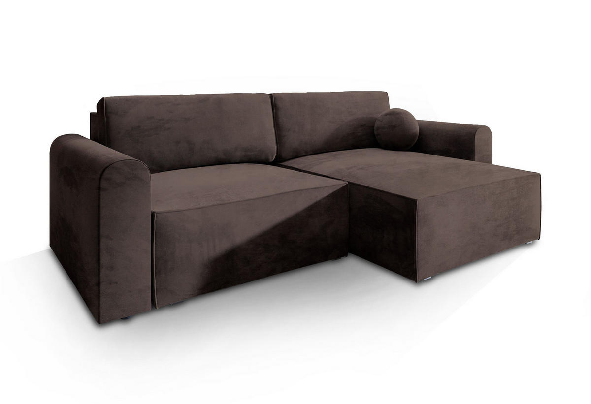 ECKSOFA FIANO M Braun Velours-Stoff mit Schlaffunktion - Braun, Holz (245/148cm) - MASSENO