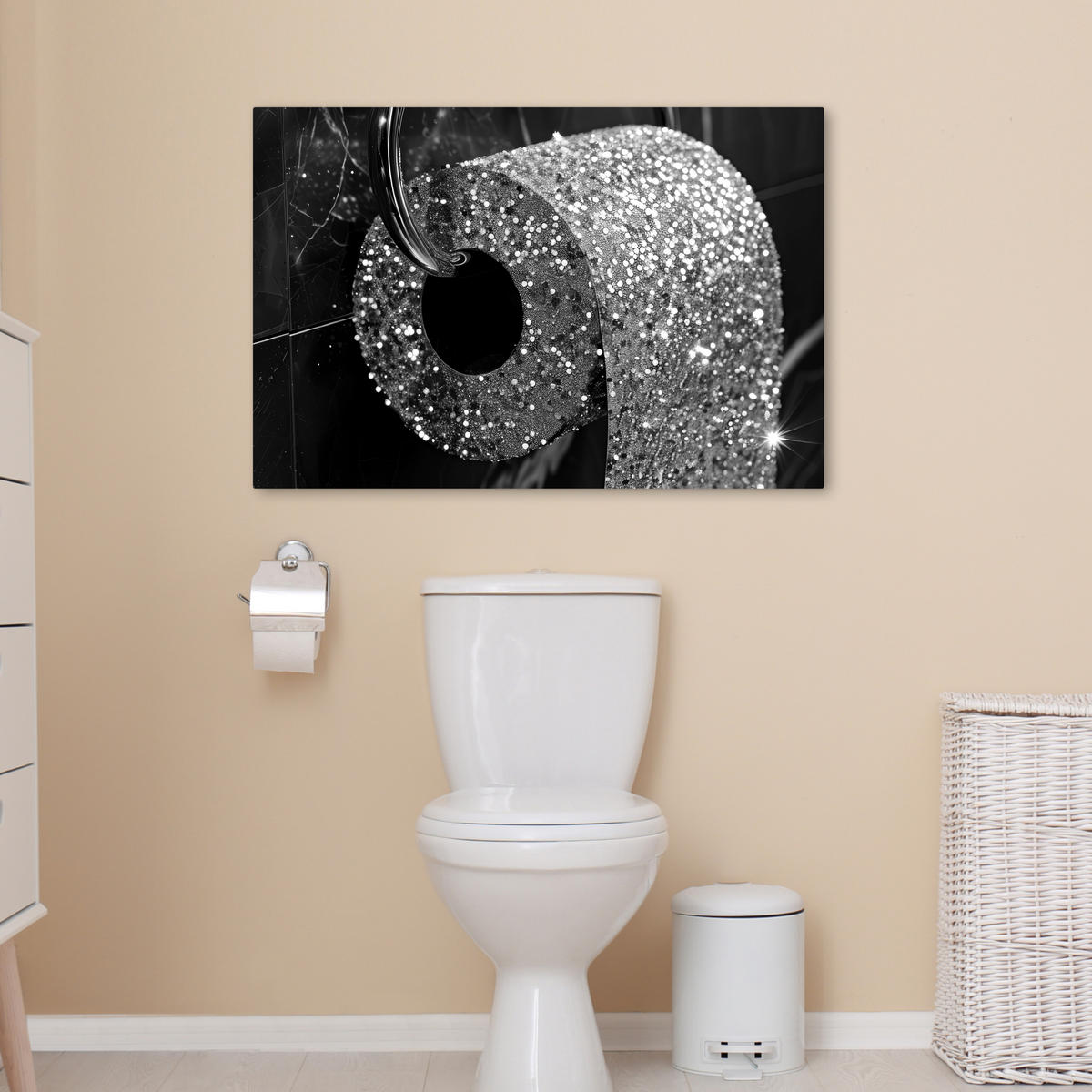 LEINWANDBILD WC - Toilettenpapier - Schwarz und weiß - Glitter Wanddeko 90x60 cm - Silberfarben, Textil (90/60cm) - MuchoWow