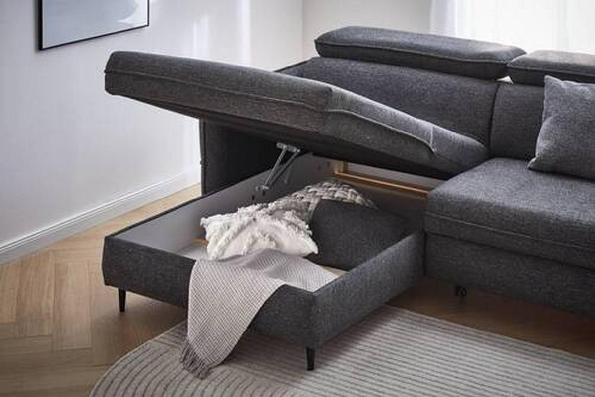 ECKSOFA inkl. Funktionen Graphitfarben Struktur  - Schwarz/Graphitfarben, Design, Holz/Textil (185/232cm) - Stylife