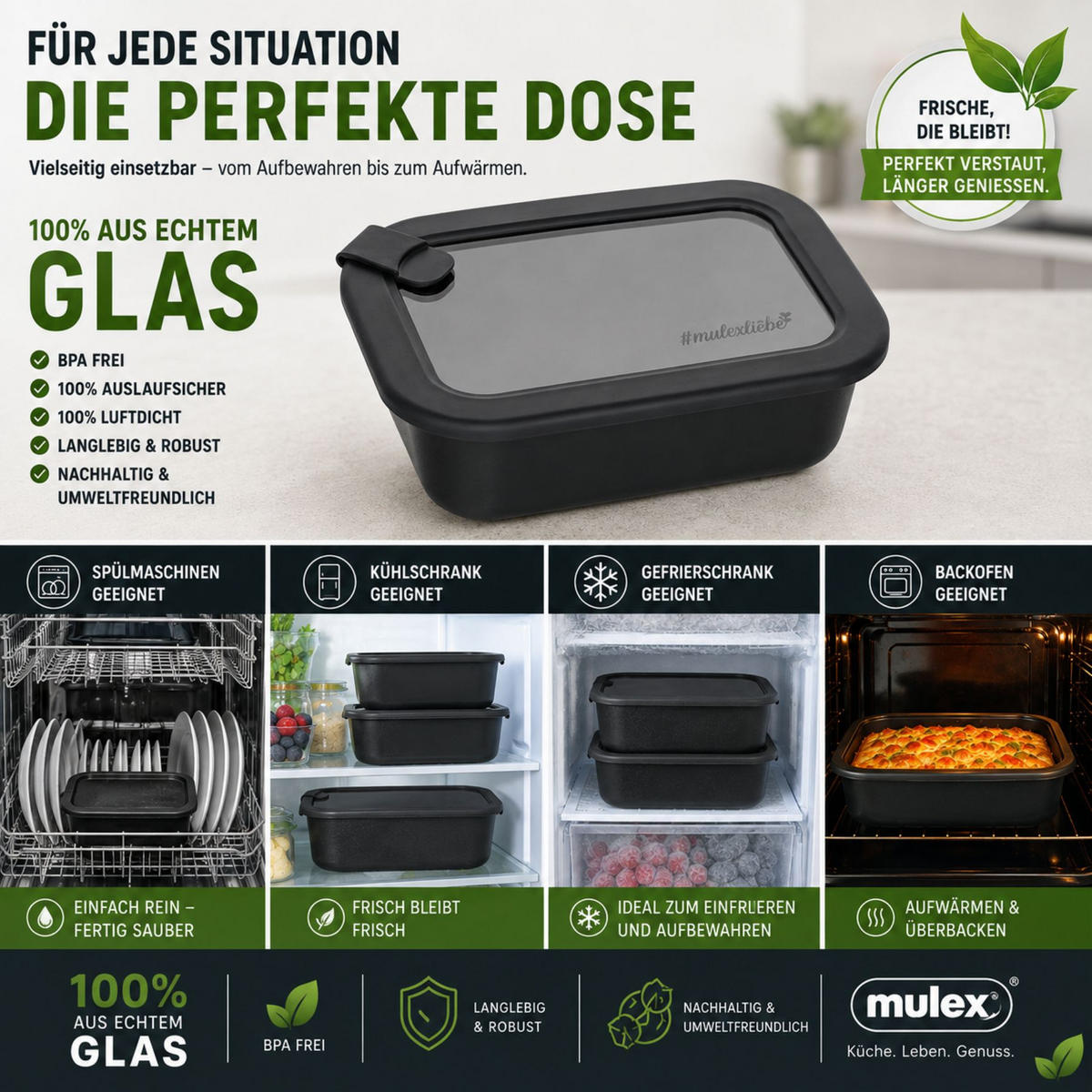 FRISCHHALTEDOSEN LUND Meal Cubes 3-er Set schwarz - Schwarz, Glas (24/18/19cm) - Mulex