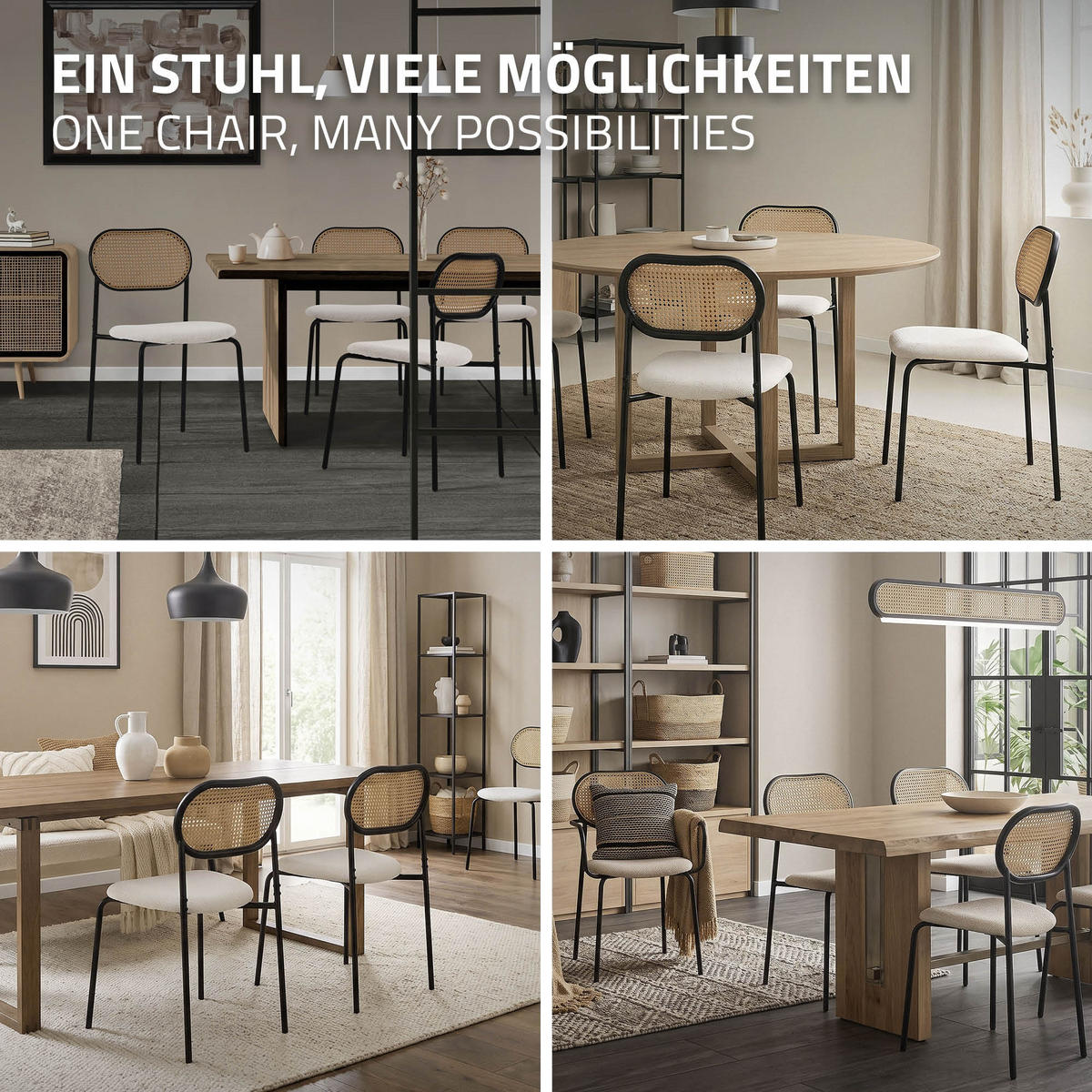 JÍDELNÍ ŽIDLE, SADA 2 KS, béžový ratan - černá/béžová, kov (47/80.5/46cm) - ML-DESIGN