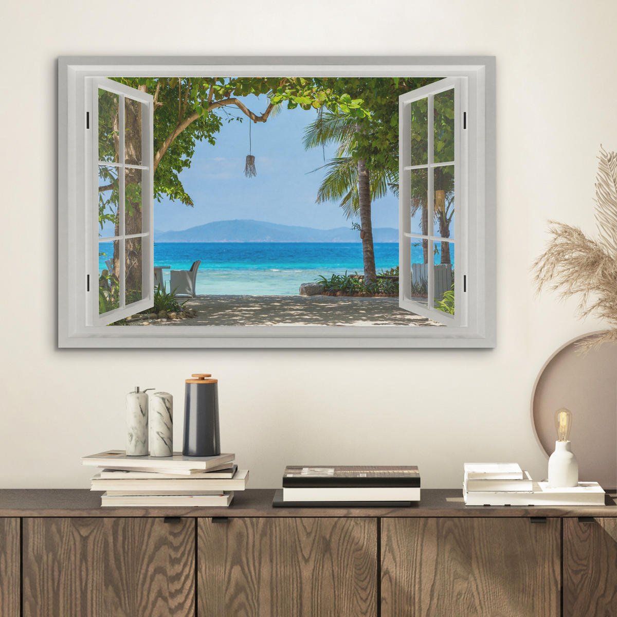 AKUSTIKBILD Aussicht - Baum - Meer - Palme - Hügel - Strand - Blau Wanddeko 70x50 cm - Blau, Kunststoff (70/50/0.9cm) - MuchoWow