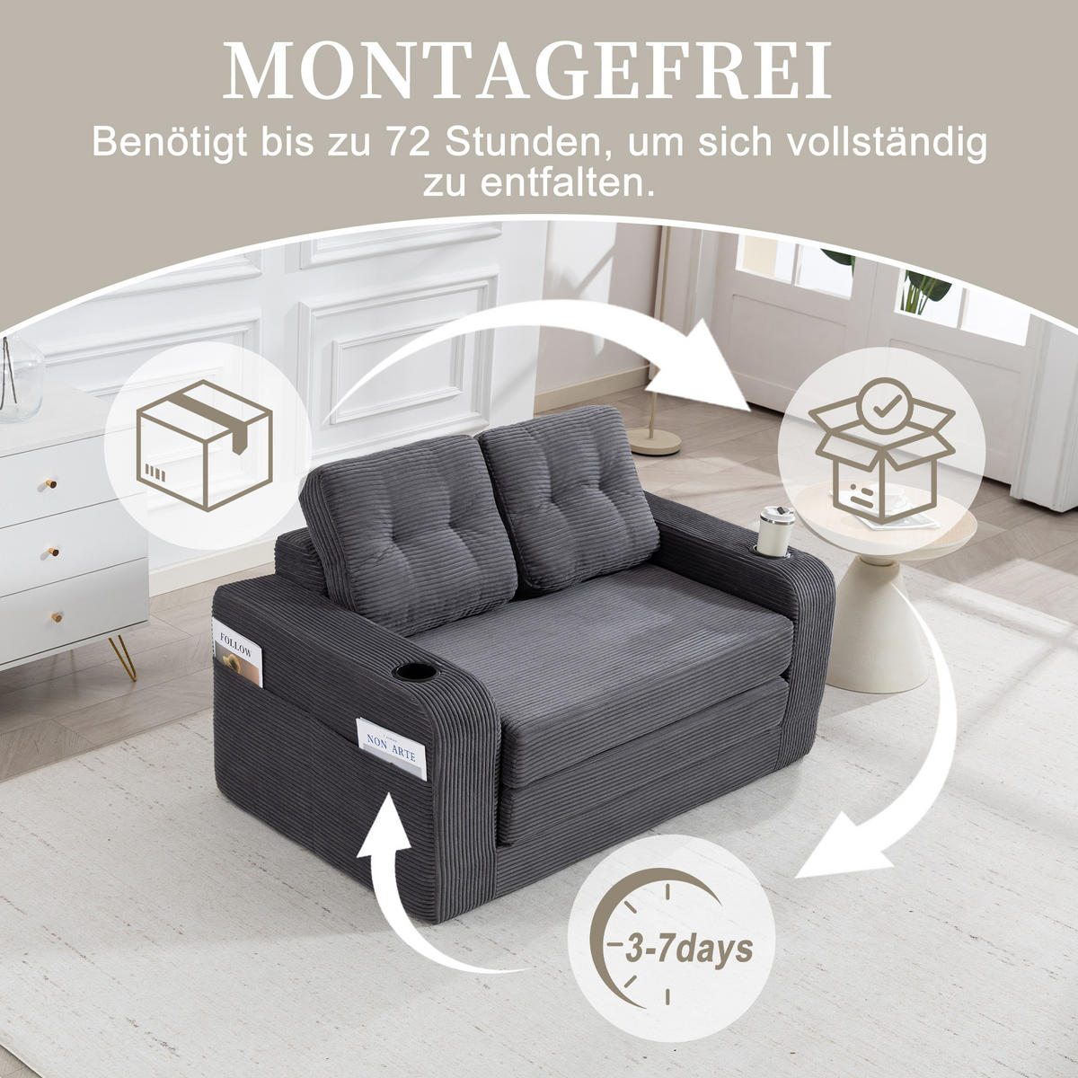 SCHLAFSOFA in Grau Cord mit Getränkehalter und Seitentaschen - Grau, Textil (136/82.5/80cm) - Oxeza