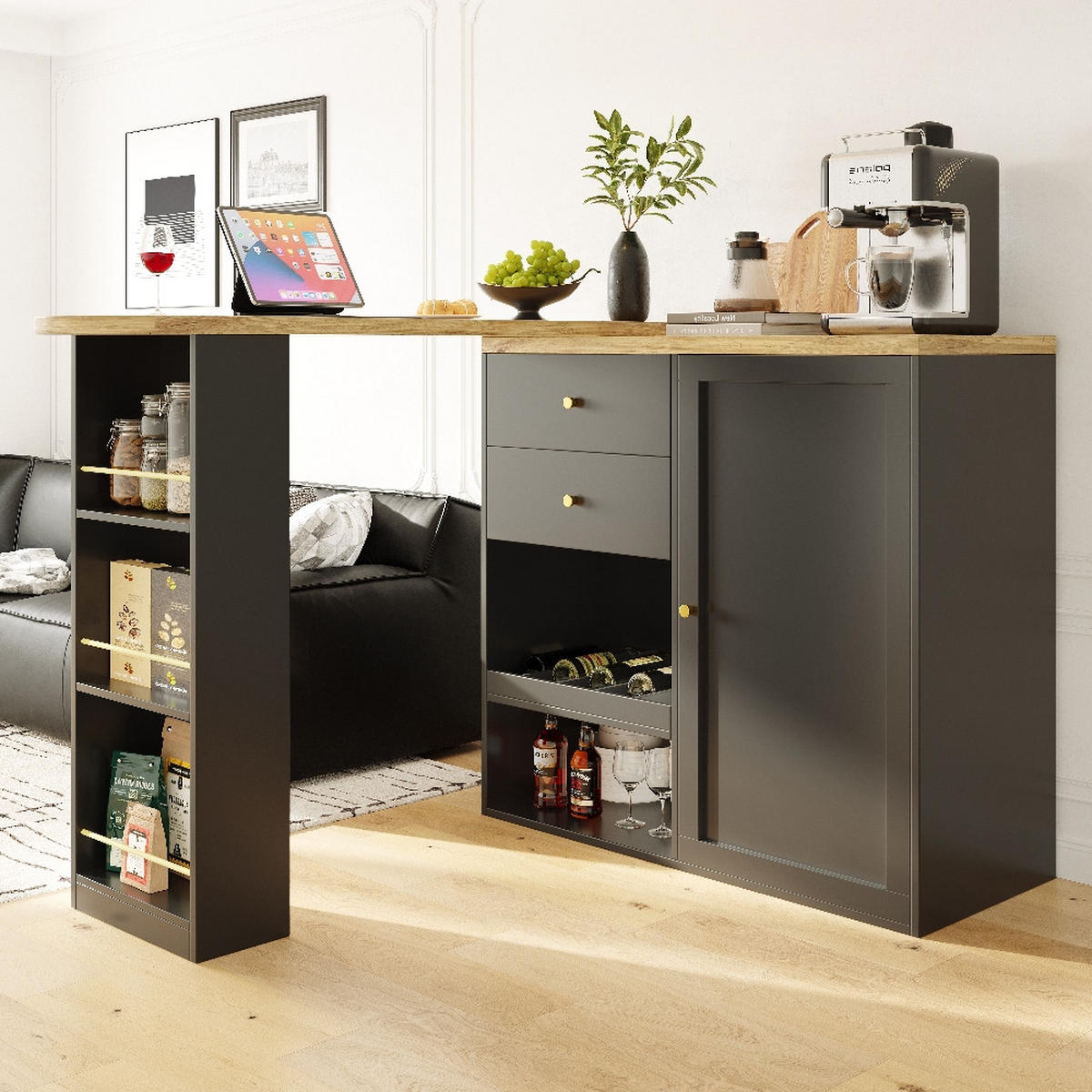 KÜCHENINSEL DREHBARER BARTISCH mit Schubladen, Schiebetürschrank, MDF, Schwarz, 105/39/102 cm - Schwarz, Kunststoff (39/102/105cm) - Rolipo