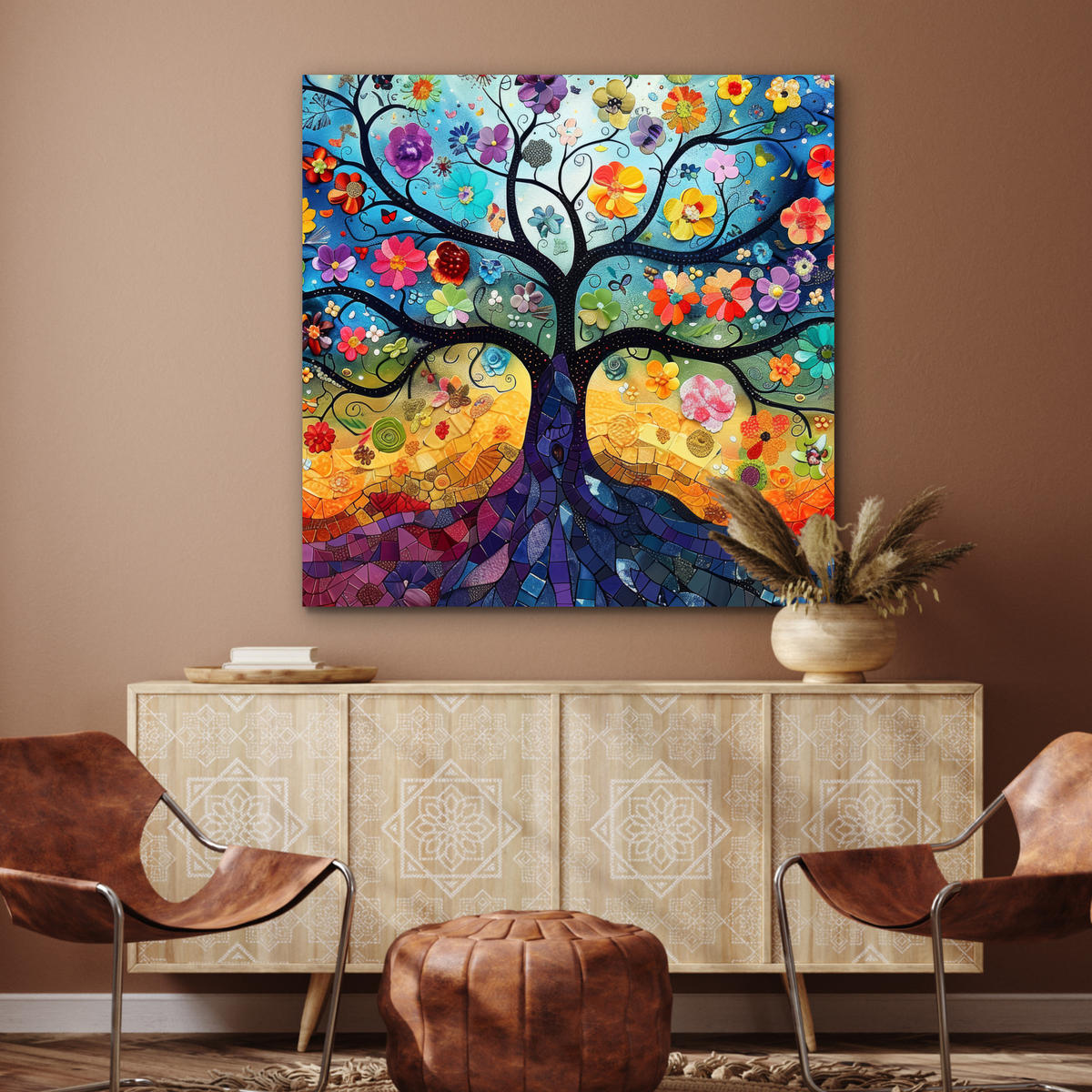 KOVOVÝ OBRAZ Umenie - Strom života - Kvety - Hippie 90x90 cm - tmavomodrá, kov (90/90cm) - MuchoWow